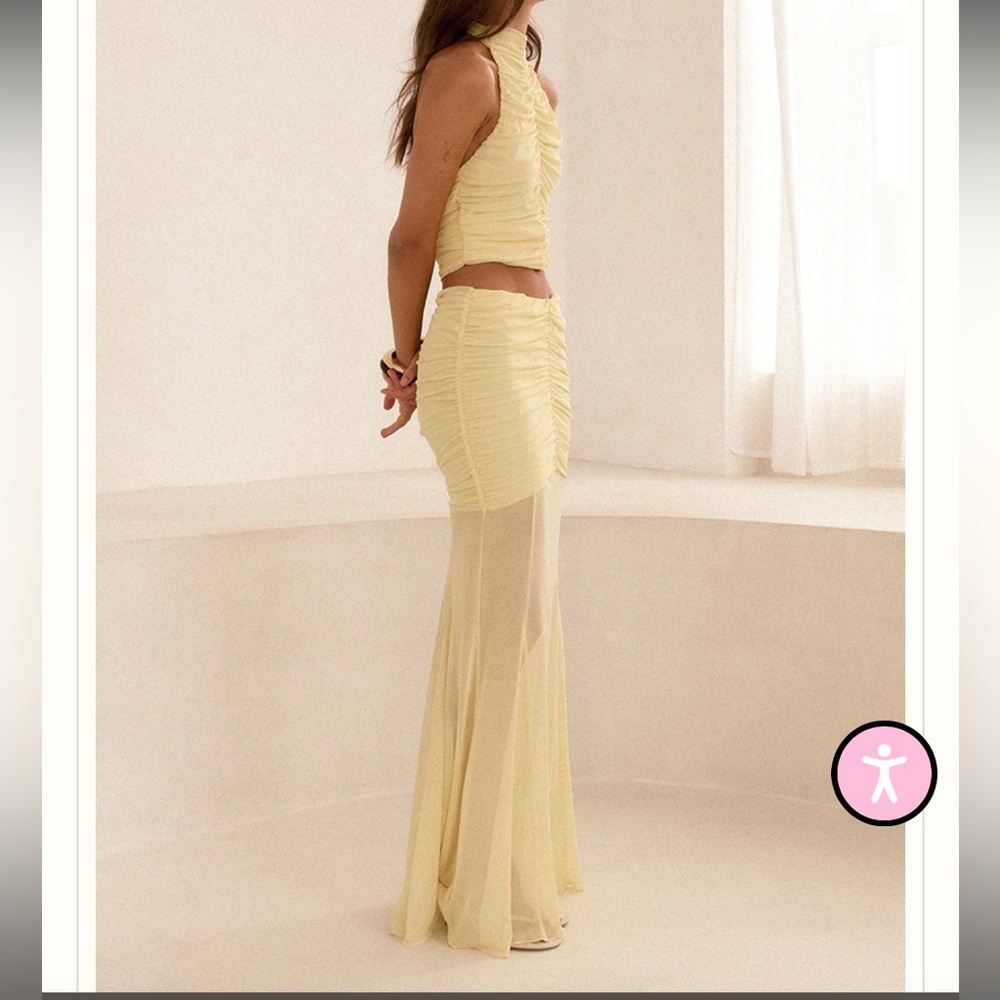 Lemon Mesh Ruched Maxi Skirt & Lemon Mesh Ruched Backless Top! 
Sold as set!